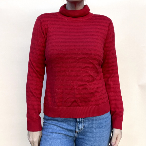 Charter Club Sweater Womens Medium Petite Red Striped Cotton Turtleneck Pullover - Picture 6 of 11